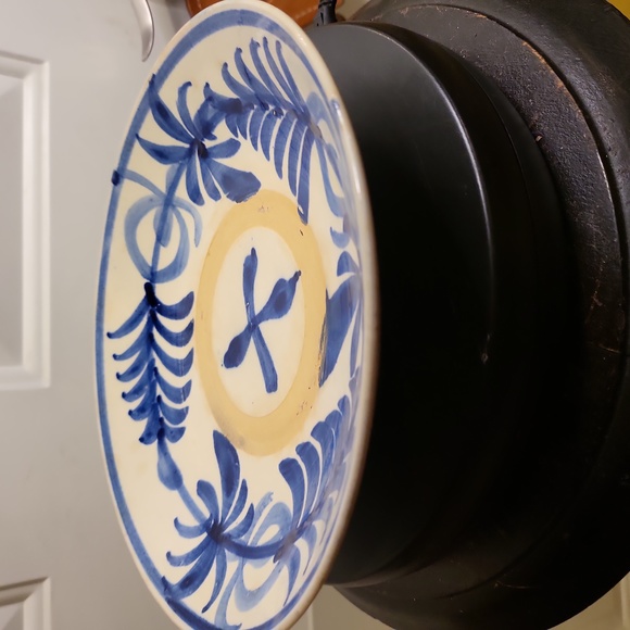 Vintage Hand Painted Bisque Ceramic Blue & White Plate Bowl - Picture 3 of 10